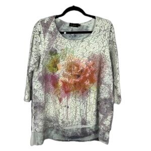 Goa Floral Lace Ombre Tie Dye 3/4 Sleeve Round Neck Top Medium White Grey